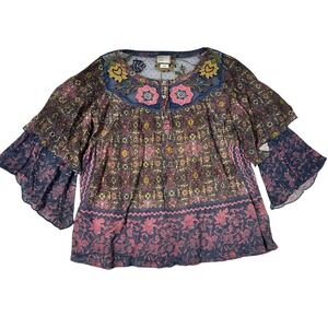 Anthropologie Postmark Mixed Print Embroidered Mesh Boho Blouse Pink Blue Medium